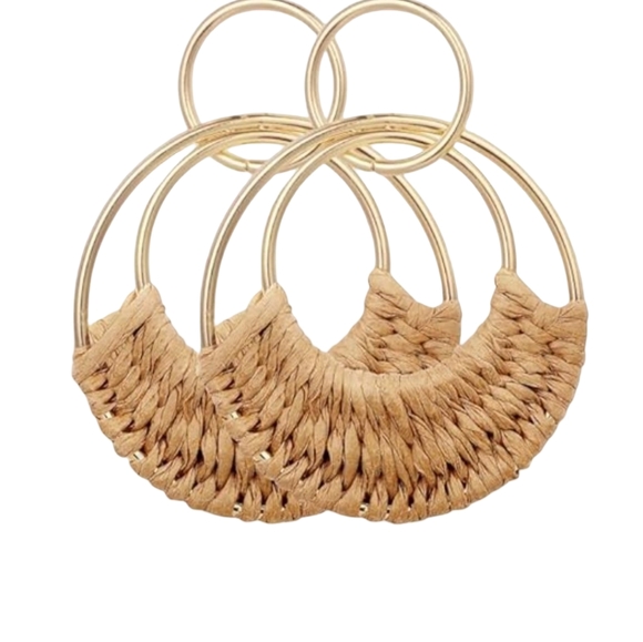 Tan Woven Raffia Gold Hoop Earrings Wicker Hoops Links Post Summer Rattan Style - Picture 4 of 7